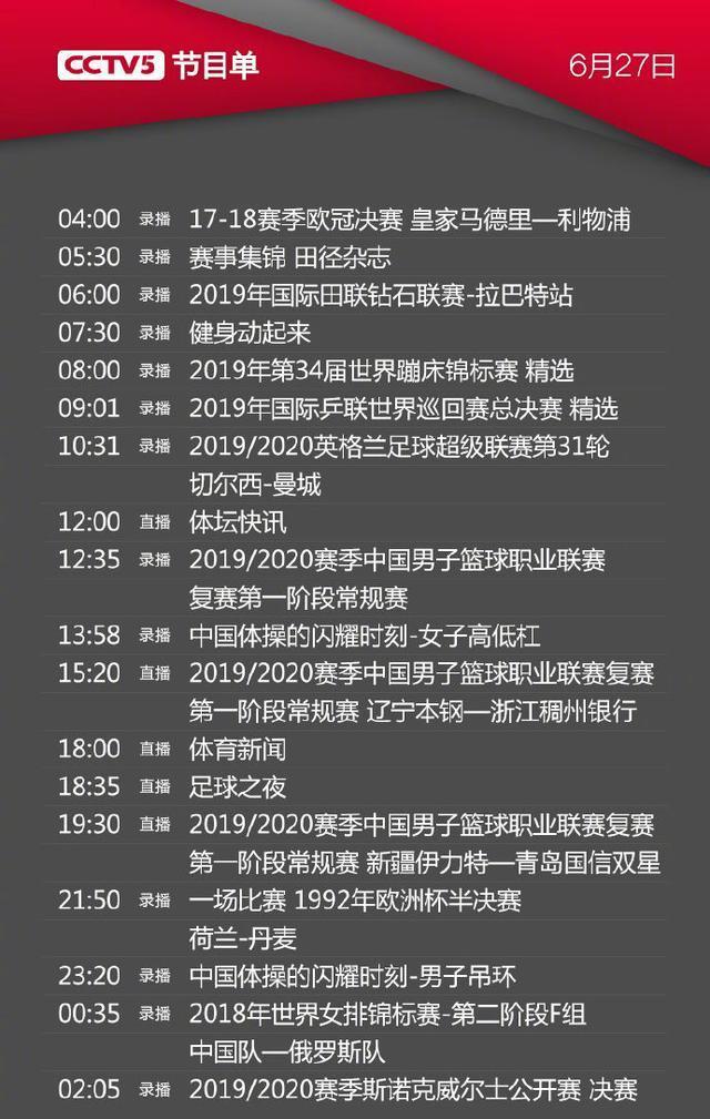 CCTV5今日节目单表